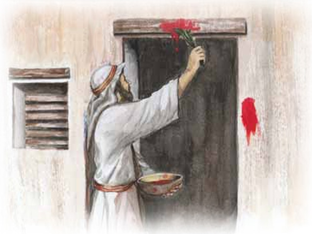man spreading the blood of the lamb during the first passover